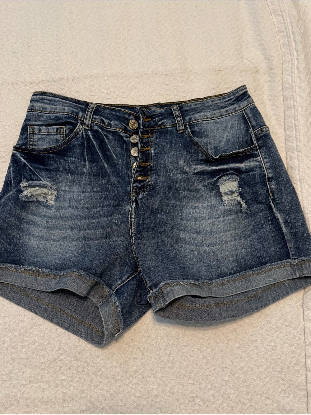 Women’s Denim Shorts Size L Distressed Button Fly Rolled Cuff Stretch short